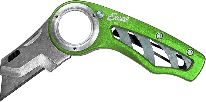 Excel Blades Revo Folding Utility Knife – Heavy-Duty Box Cutter with Aluminum Body, Quick-Change #92 Blades, 3 Lock Positions Design, Anti-Slip Finger Loop Grip, Holster Included – Green