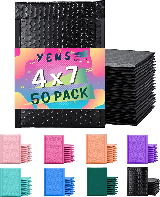 Yens Poly Bubble Mailers 4x8 50 Pack Black Waterproof Self Seal Adhesive Shipping Bags, Cushioning Padded Envelopes for Shipping, Mailing, Packaging Usable 4x7