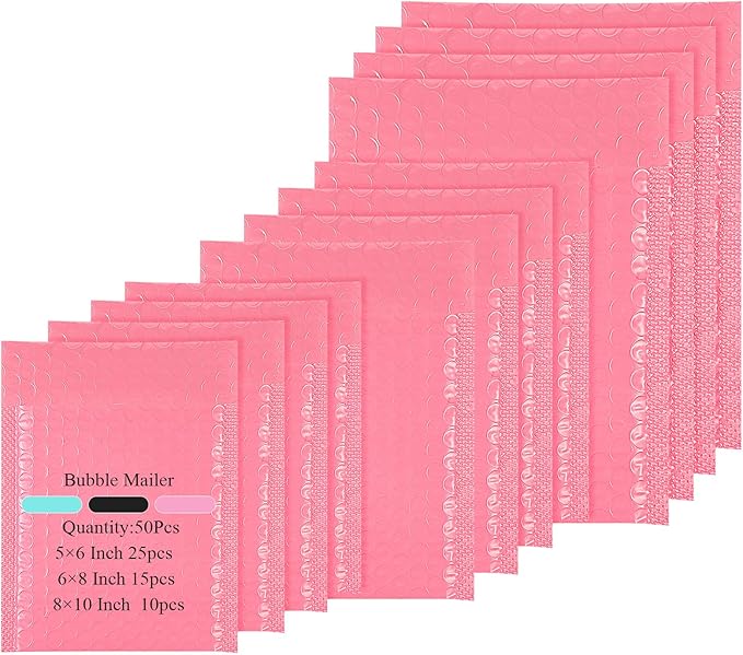 100 Pcs Kraft Bubble Mailers 3 Size Padded Envelopes Kraft Poly Mailers Bubble Lined Shipping Envelopes Mail Shipping Bags for CDs Book Business Supplies (Pink)