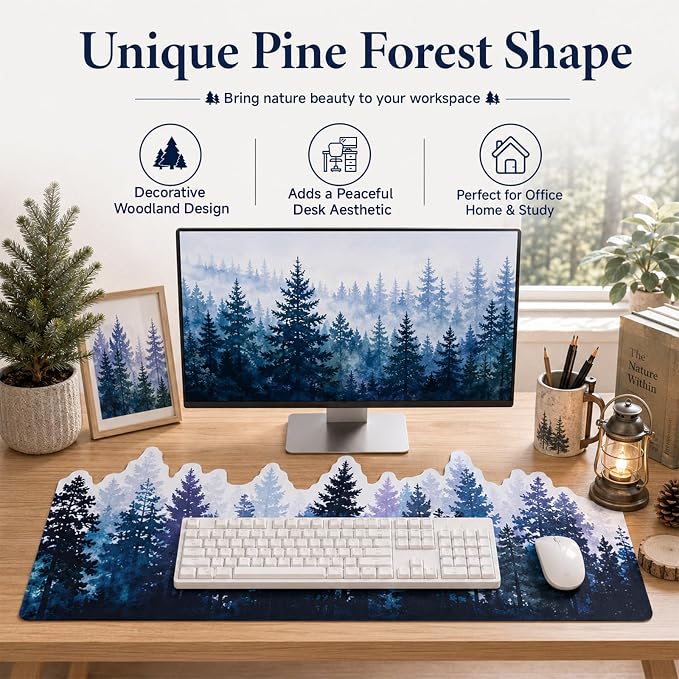 Large 3D Pine Forest Desk Mat Gradient Forest Big Gaming Mouse Pad Non-Slip | Rubber Base Decorative Keyboard Mat, Extended Desk Protector for Office Home Study Workstation, 35.43 x 15.75 Inch
