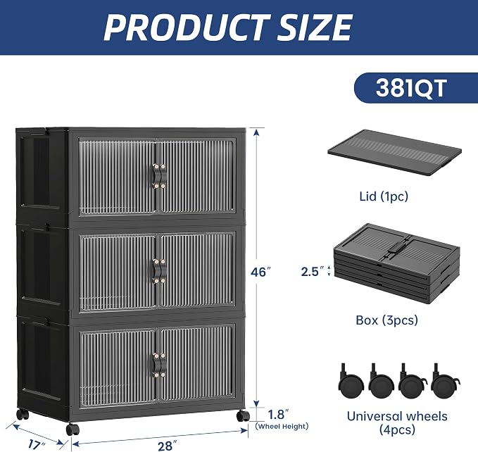 SAILUN 381Qt Stackable Storage Bins,Storage Cabinet with a Lid,3 Pack Black | Stackable storage drawers with lids,28" W x 17" D x 46" H,Featuring open-front access for clothes and closet storage