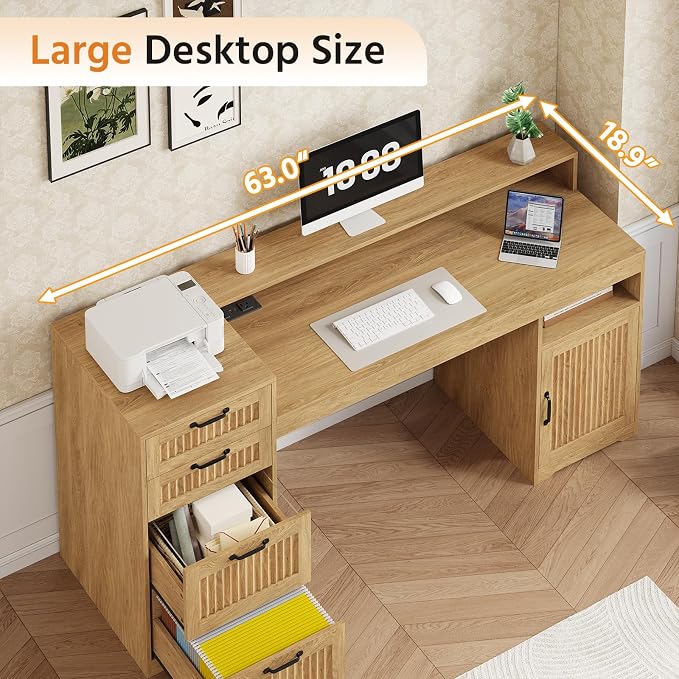 63" Fluted Computer Desk with 4 Drawers for Home Office, Bedroom | Wood Executive Desk with Printer Shelf, Monitor Stand, Home Office Desks with Power Outlets, Storage Shelves, Oak, Boho Desk