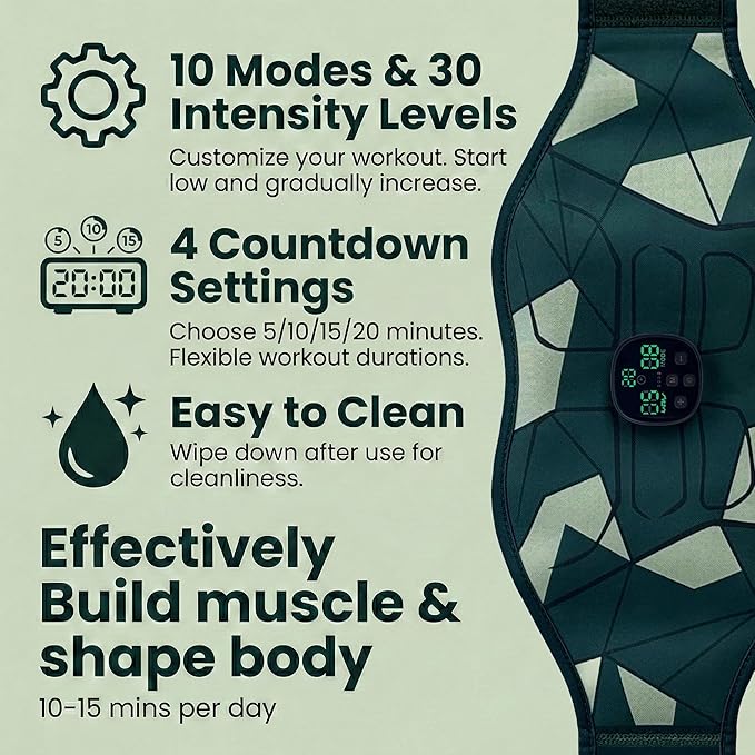Abs Stimulator Muscle Toner, Abdominal & Back Training Belt Military Grade for Men & Women, Portable Workout Device, Home Gym Fitness Equipment for Office Travel Use Black