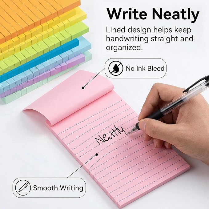 Lined Sticky Notes 4x6 in, Strong Adhesive Self Stick Note Pads | Sticky Notes with Lines, 9 Colorful Options, Perfect for Office, Classroom, Task Reminders, Smooth Writing(9 Pack)