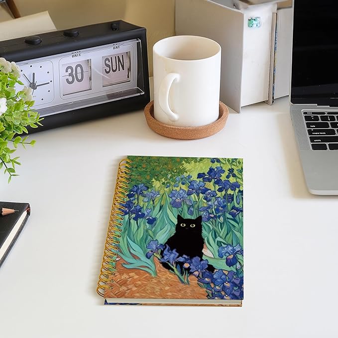 ROXMART Irises Floral Black Cat Spiral Notebook, Black Cat Gifts Journal, Cats Lover Gifts for Women, Abstract Flower Field Kitty Kitten Hardcover Notebook Journal, 5.5x8.3 Inch