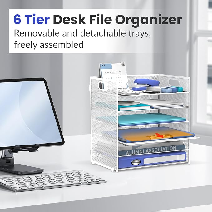 Daltack 6-Tier Paper Organizer for Desk with Handle, White | Sturdy Metal Mesh Organizer with Movable Middle Trays and a Carry Handle for Papers, Folders and Office Supplies