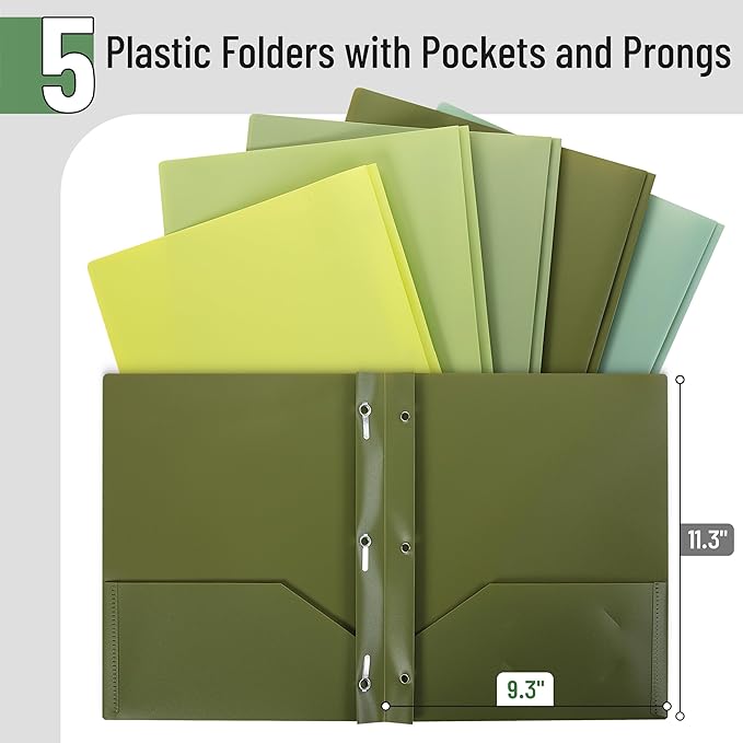 Mr. Pen- Plastic Folders with Pockets and Prongs, 5 Pack, Letter Size, Green Shades, Flexible Plastic Folders with Prongs