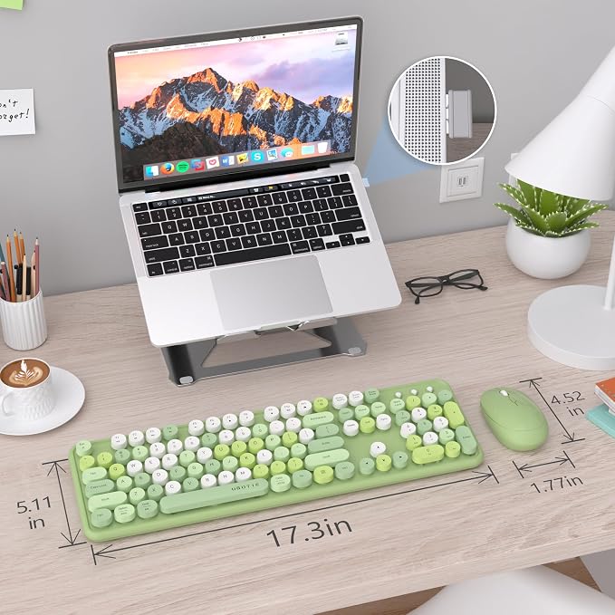 UBOTIE Colorful Wireless Keyboard and Mouse Combo (Green-Colorful) | Retro Typewriter Floating Full-Sized Keys Computer Keyboard with Optical Mouse, 2.4GHz USB Connection for Windows Mac
