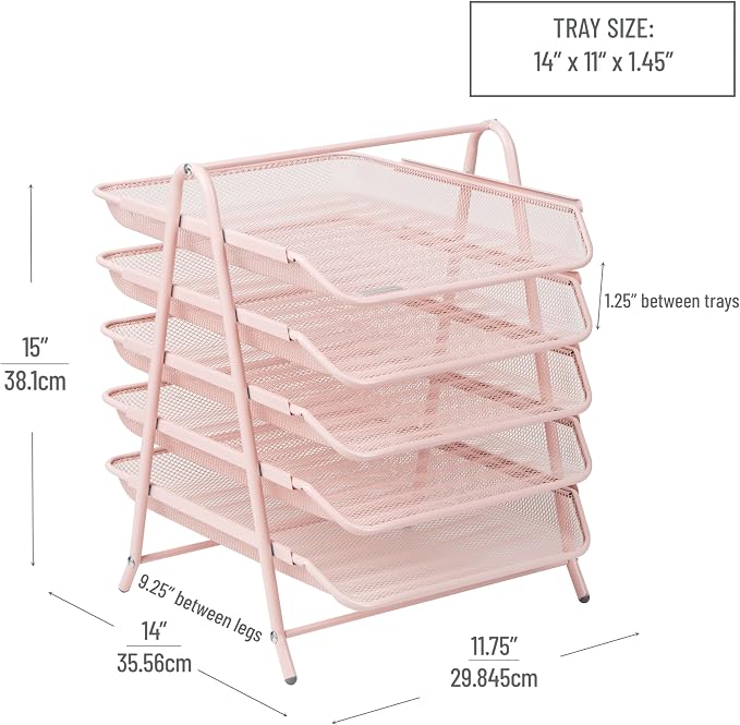 Mind Reader 5-Tier Paper Tray Organizer, Vertical Desktop File Storage Rack, Office, Metal Mesh, Pink (Pack of 6)