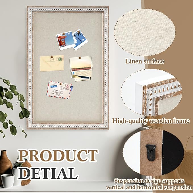 Vintage Framed Pin Board Linen Display Bulletin Board Large Ornate Fabric Picture Photo Pinboard Memo Decorative Prayer Pinboard Ornate for Wall Gift(Rectangle,24" X 36",Retro White)