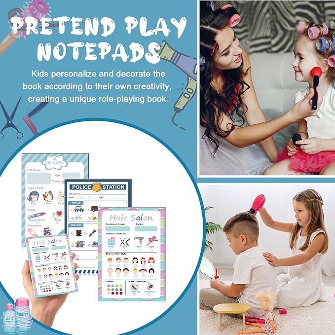 Kids Pretend Play Notepads 4X6 In Pretend Play Notebooks Playtime Notepads Variety Role Play Game Accessories Pages Each for Kids Toddlers 3-5(3,Blue)