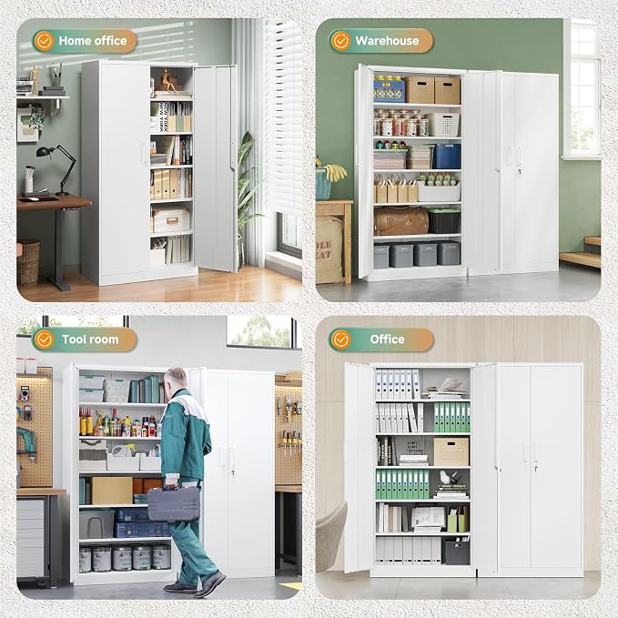 Metal Storage Cabinets with Lock Door,Steel Locker Garage Cabinets 5 Adjustable Shelves for Home,Office, Warehouse(White)