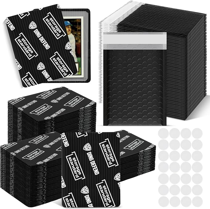 Ding Defend Card Shipping Protector Envelope Bubble Mailer Kit with 110 Card Shipping Protectors (3.5x4.5 Inches), 55 Bubbles Mailers, 250 Tape Seals for Collectible Cards - Black