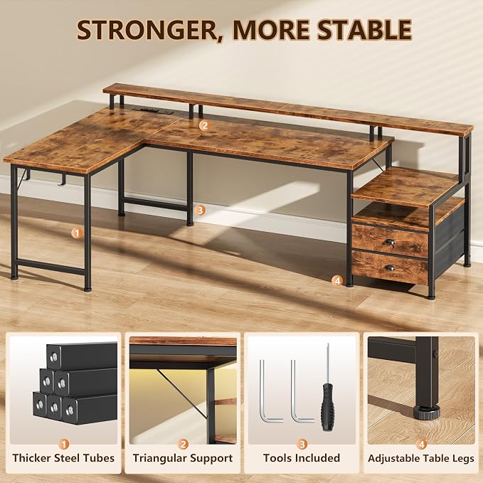Korfile 66'' L Shaped Computer Desk with Storage Drawers, Power Outlet, LED | Large Office Desk with Host Stand, Reversible Corner Design for Gaming, Work, Home Office, Study Room, Bedroom
