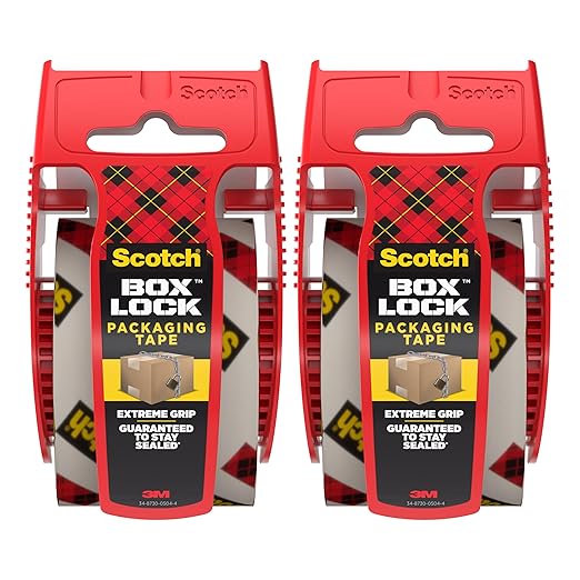 Scotch Box Lock Packing Tape, Clear, Extreme Grip Box Packaging Tape for Shipping and Mailing, 1.88 in x 1000 in, 1 Roll with Dispenser (Pack of 2)