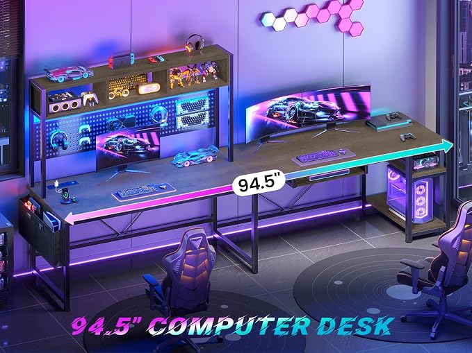 SEDETA L Shaped Gaming Desk with LED Lights and Pegboard for Home Office | Reversible 94.5" Computer Desk with Power Outlet, Keyboard Tray, Storage Shelves and Headphone Hook, Walnut Brown