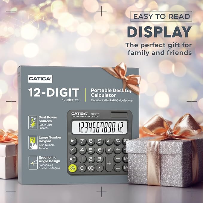 CATIGA Mechanical Switch Calculator with Solar and Battery Dual Power, 12-Digit Large LCD Display, Aesthetic and Cute Desktop Calculator with Big Button, for Home, School and Office Use, SD-1299