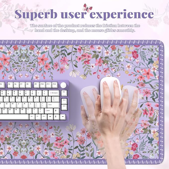 iCasso Large Desk Mat for Keyboard and Mouse,Cute Desk Pad,Purple | Anti-Slip Floral Computer Mat for Women, Girly Gaming Mouse Pad for Home Office