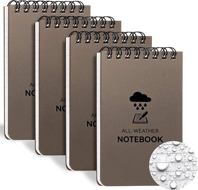 COIDEA Waterproof Notebook, 4 Pack 3" x 5" Top-Spiral Pocket Notepad | Weatherproof NotePad, All Weather Police Pocket Notebook Little Memo Steno Note Pads for Outdoor Office School