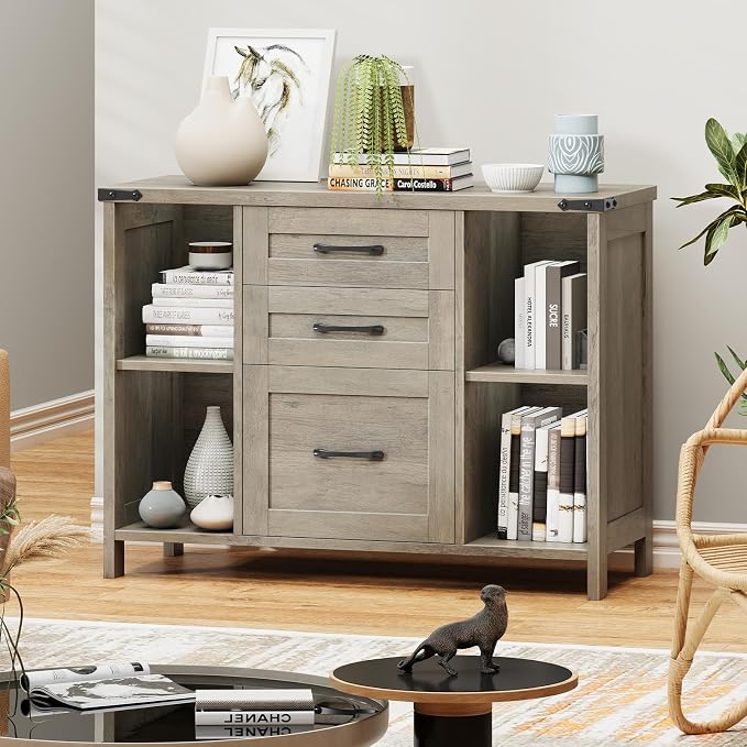 Befrases Farmhouse File Cabinet, Lateral Filing Cabinet with 3 Drawers for Letter/A4 Size Hanging Files, Large Wooden Printer Stand with Adjustable Shelves for Home Office, Rustic Grey