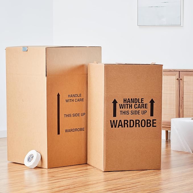 Amazon Basics Wardrobe Clothing Moving Boxes with Bar - 24" x 24" x 40", 3-Pack, Brown