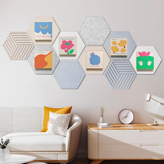 Felt Bulletin Cork Board for Office, 12 x 10 inch, 10 Pack | Hexagon Bulletin Board Tiles, 1300g/m² Dense Felt, Fully Self Adhesive, Peel and Stick, Frameless, Modern, Office Home Decor