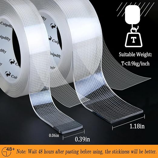 Double Sided Tape Heavy Duty for Wall Decor No Damage to Paint,Clear Removable Mounting Tape,Nano Two Sided Adhesive Tape,Picture Hanging Strips for Posters, 2Rolls(1.18inx6.5FT+0.39inx6.5FT)-Grid