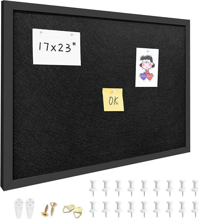 17"x23" Black Framed Black Linen Bulletin Board, Pin Board | Linen corkboard texture. Premium cork boards for walls and pin board office organizer.
