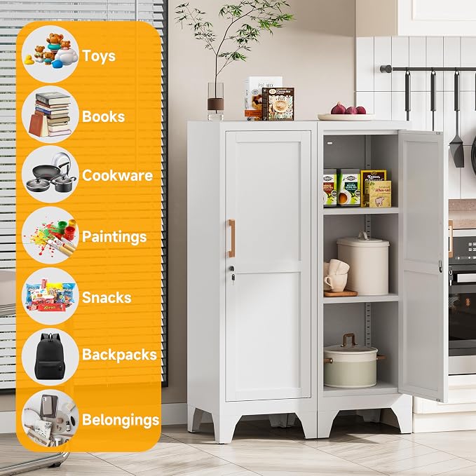 46"H White Metal Locker with 1 Lockable Door and 2 Adjustable Shelves For Employees,3 Tier Small Storage Cabinet with Detachable Legs and Vintage Handle for Kitchen, Office,School,Gym,Easy Assembly