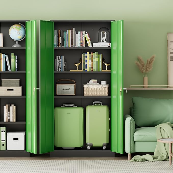 Metal Storage Cabinet, 72" Steel Lockable File Cabinet with Locking Doors and Adjustable Shelves, Locking Storage Lockers for Office, Home, Garage, Gym, School (Black Green)