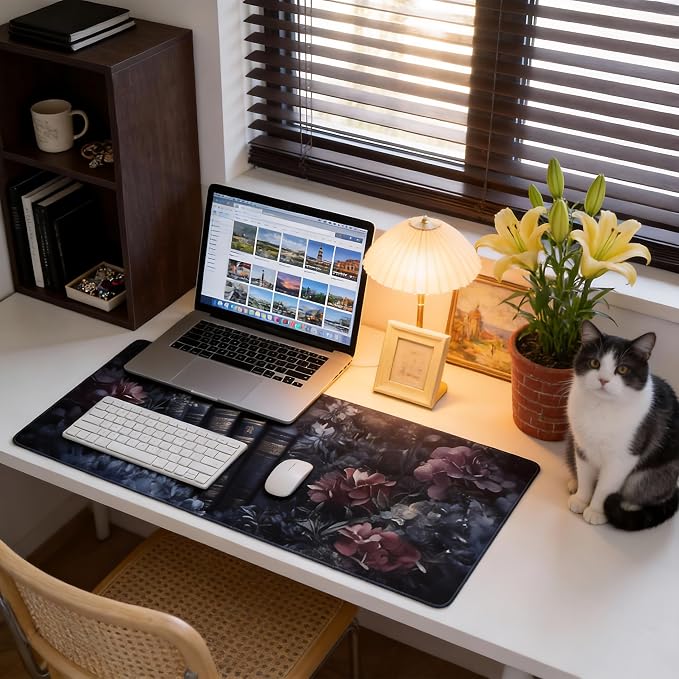 Floral Aesthetic Book Gaming Mouse Pad, Purple Dark Romanticism Desk Mat with Anti-Slip Base & Stitched Edges,35.4" x 15.7" in Table Mat for Computer Desktop, Beautiful Workstation Decor