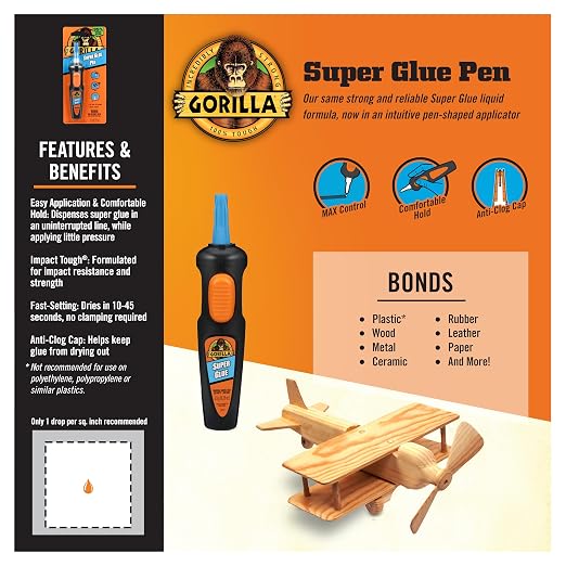 Gorilla Super Glue Pen, Precise Applicator, Fast Setting, Clear, 5.5g | Cyanoacrylate Formula, Dries in 10-45 Seconds, Anti-Clog Cap, Bonds Plastic, Wood, and Metal