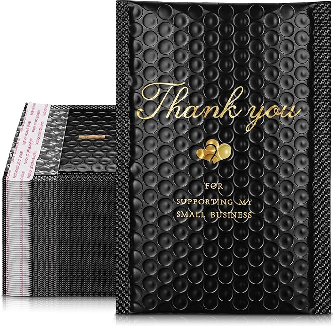 Kosiz 100 Pcs Bubble Mailers Thank You Padded Shipping Envelopes Poly Waterproof Mailing Envelopes Self Adhesive Bags for Small Business Clothing Boutique Jewelry Package (Black,4"x7")