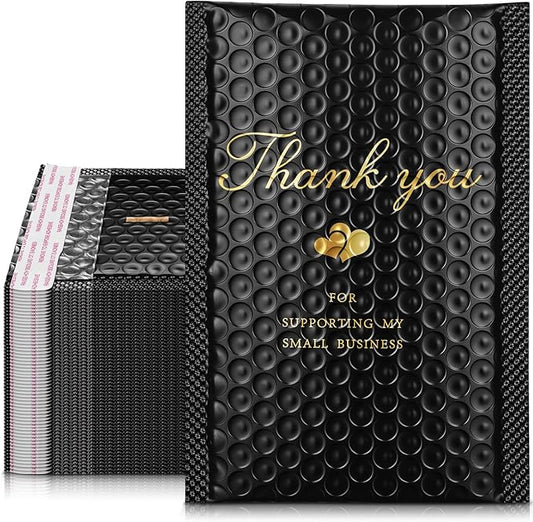 Kosiz 100 Pcs Bubble Mailers Thank You Padded Shipping Envelopes Poly Waterproof Mailing Envelopes Self Adhesive Bags for Small Business Clothing Boutique Jewelry Package (Black,4"x7")