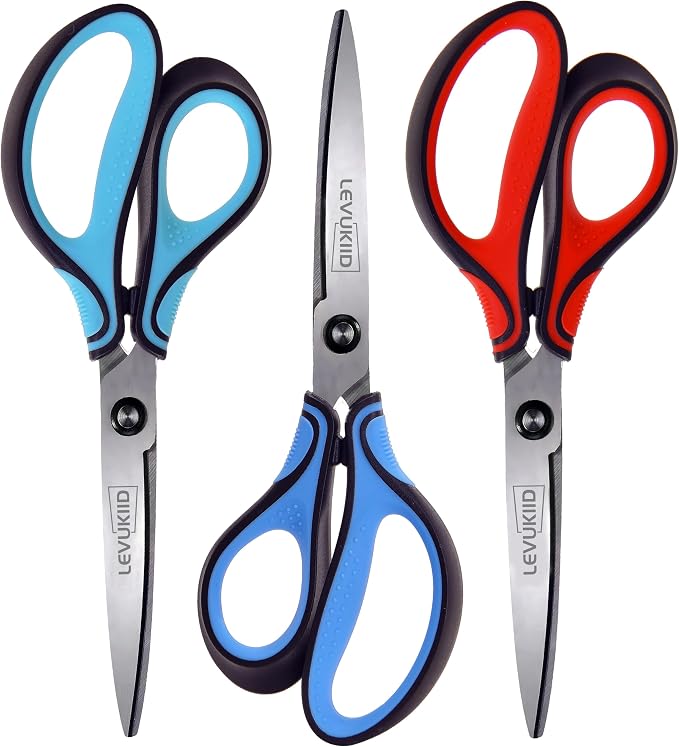 Real Left handed scissors for adults & kids age 12+ with comfortable 3-color ergonomic handle, 8 INCH 3 Packs Scissors All purpose left handed Tool for Daily Cutting Needs