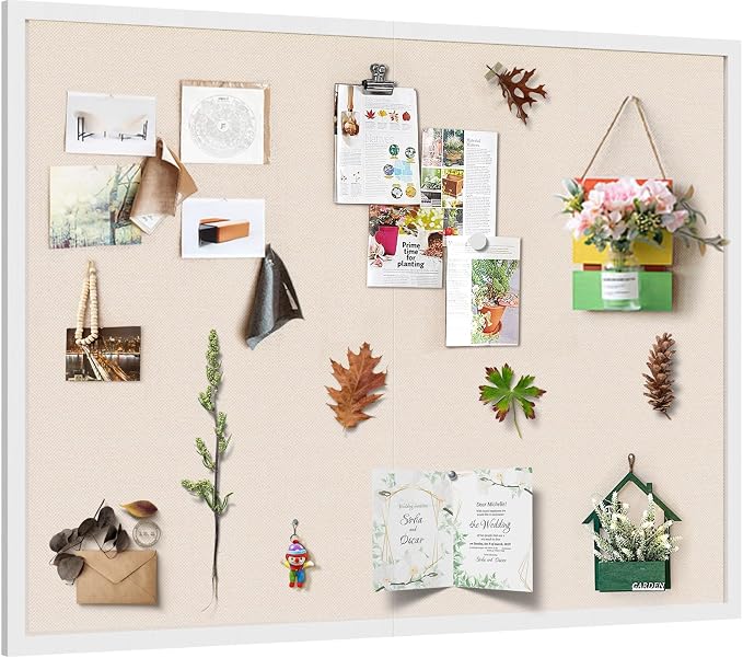 Large Bulletin Board 48x36 inch with Linen Cork Boards Wall Decor Hanging Pin Wood Framed Display Bulletin Cork Photo Picture Board Light for Room School Office 30-Pushpin White