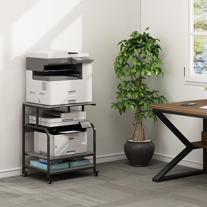 Fannova Gray Printer Stand, 23.6"x18.9" Large Printer Table with Storage | Height Adjustable Middle Shelf, Heavy Duty Industrial Wheels, 3 Tier Rolling Cart for 3D Printer, Home Office Furniture