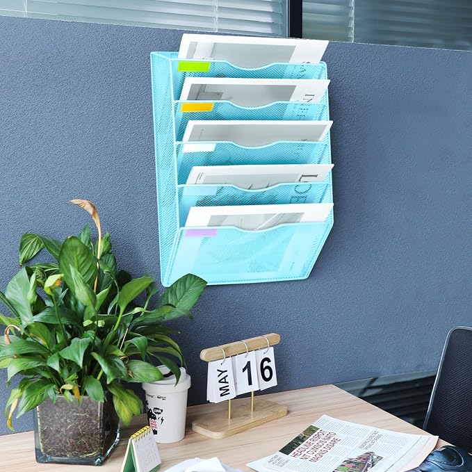5 Pockets Mesh Wall File Holder Organizer Office Hanging File Folder Magazine Rack, Nametag Label Hooks Set Included (Blue)