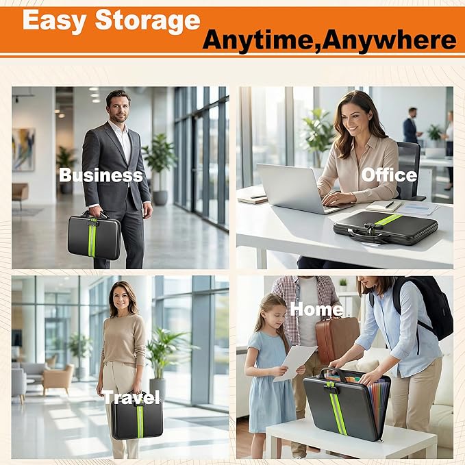 Fireproof Accordion File Organizer with Lock,Hard-Shell Fireproof Document Box with 13 Pockets for Certificates, Passports Laptop Important Documents Portable Home Office Travel Safe Storage