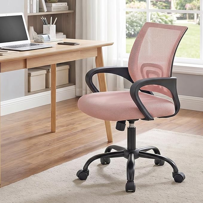 DUMOS Ergonomic Office Chair, Executive Desk Chair with Lumbar Support | Mid Back, Breathable Backrest, Fixed Armrest, Height Adjustable, 360° Swivel, Computer Gaming, Meeting, Pink