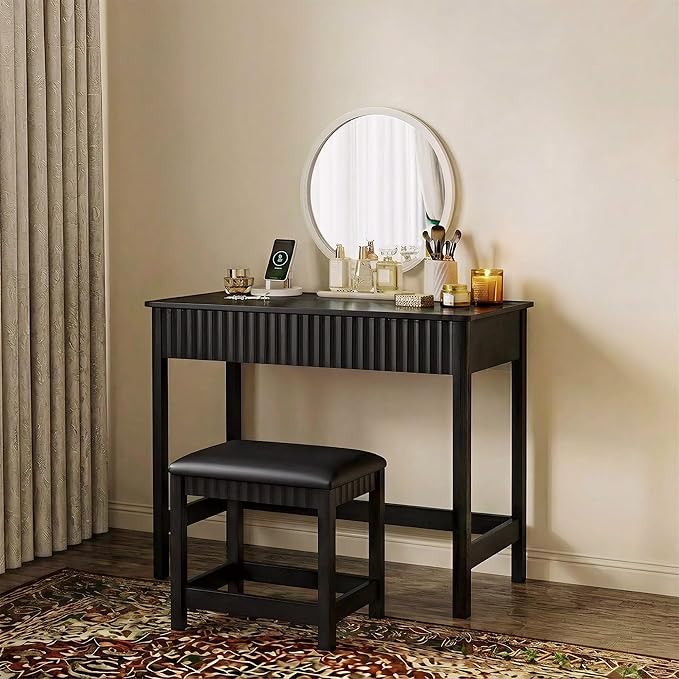 ChooChoo 40 Inch Modern Desk with Drawers, Makeup Vanity Desk with Padded Stool, Small Home Office Desk for Bedroom, Black