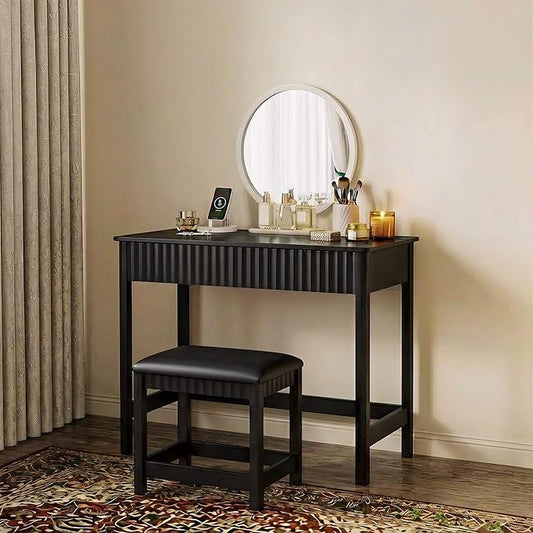 ChooChoo 40 Inch Modern Desk with Drawers, Makeup Vanity Desk with Padded Stool, Small Home Office Desk for Bedroom, Black