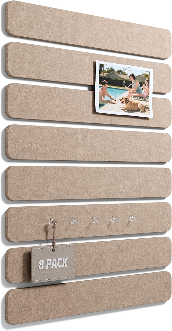 Fluxynara 13" x 2" Felt Wall Panels, Taupe | 8-Pack Includes 50 Push Pins and Adhesive Tabs for Photos, Notes and Decor in Bedroom Doors, Home Office or Studios