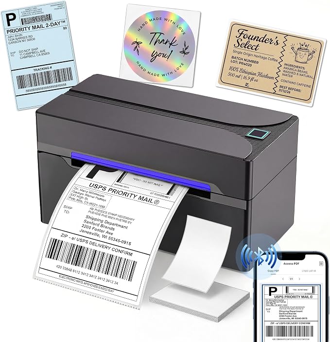 Bluetooth Thermal Label Printer,4x6 Shipping Label Printer | Wireless Label Printer for Small Business and Shipping Package, Compatible with iPhone, Android, Shopify, Amazon, USPS, Black