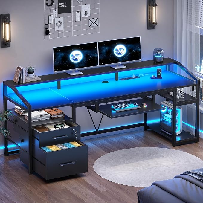 SEDETA 63" Computer Desk, Office Desk with Lockable Drawers for Legal/Letter File, Gaming Desk with LED Lights & Power Outlet, Home Office Desks with Storage, Black