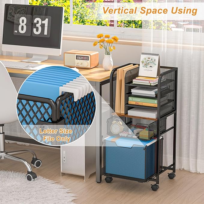 Feyejade 6-Tier Rolling File Cart Multi Mobile Drawer Cabinet Black | File cabinet organizer with wheels, letter size filing storage cart, home office hanging folder storage for teacher