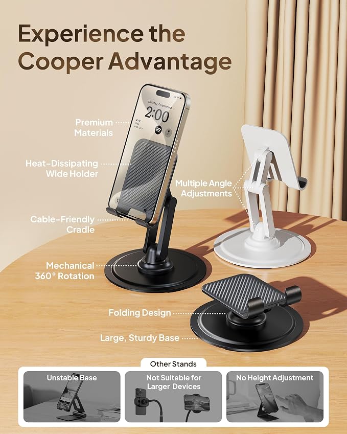 COOPER 360° Stand, Rotating Cell Phone Stand for Desk | Sturdy Metal Base, Foldable, Portable | Cell Phone Holder for Desk (Piano Black) | 360° Click Rotating, Adjustable, Foldable, Portable, Metal Base, Cell Phone Holder for Desk; Fits all Samsung, An...