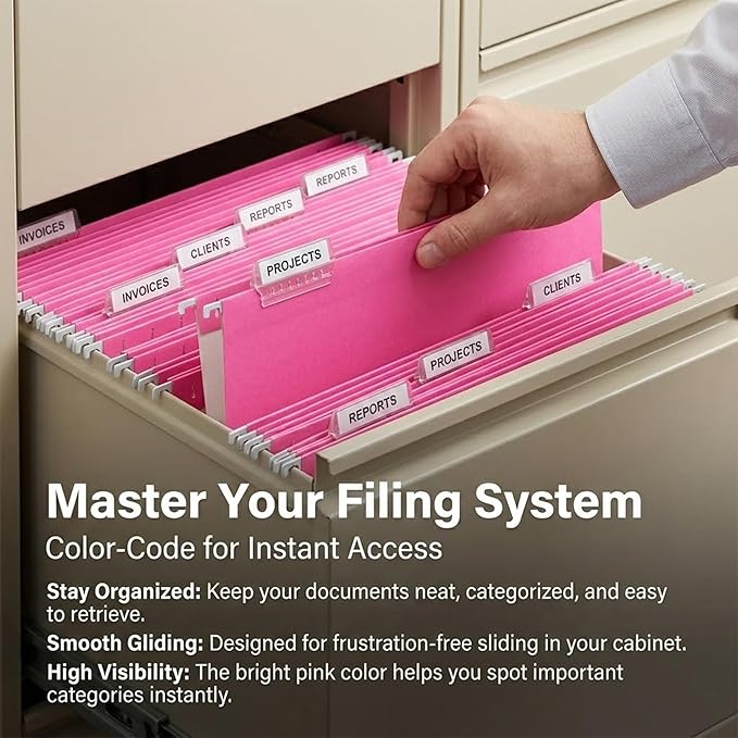 50 Pack Hanging File Folders,Letter Size File Folder,Pink Hanging Folders for Filing Cabinet,Reinforced Rods for Smooth Gliding,Includes 1/5 Adjustable Tabs & Inserts,Ideal for Home & Office