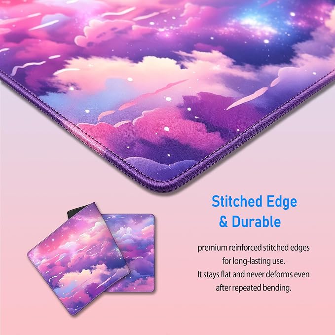 Pretty Cloud Desk Mat,Large Cute Pink Purple Sky Mouse Pad,31.5x12in | Starry Sky Gaming Mousepad,Extended Girly Galaxy Desk Decor Deskmat for Women,Pastel Colorful XL Keyboard Mat,80x30 cm