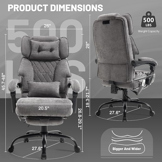 Massage Office Chair with Foot Rest,6 Points Vibration & Heat Executive Office Chairs for Heavy People,500LBS Big and Tall Office Chair,Ergonomic Reclining Desk Chair,Dual-Use Pillow,Grey